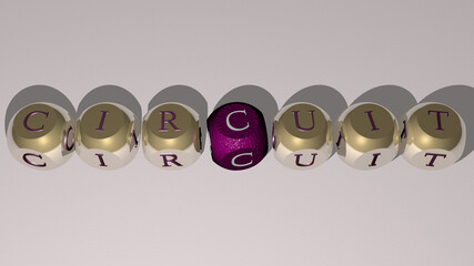 circuit combined by dice letters and color crossing for the related meanings of the concept. illustration and background