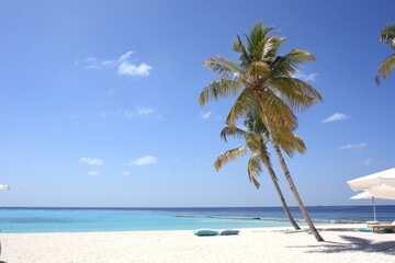 Fototapeta na wymiar Beautiful paradise beach panorama with white sand, turquoise water sea and cushions and umbrella on the beach, Maldives island.