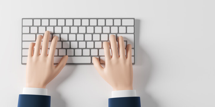 Cartoon character hands in suit typing on the aluminium keyboard. Work from home concept. Top view.