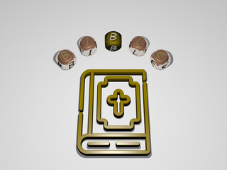 3D illustration of bible graphics and text around the icon made by metallic dice letters for the related meanings of the concept and presentations. church and christian