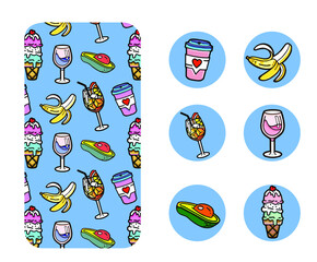 Fototapeta premium summer pop art comic style pattern, ice cream, banana and avocado, cold drinks or coffee with a glass of wine, pizza or scrambled eggs for breakfast, set of design design for instagram stories, backg