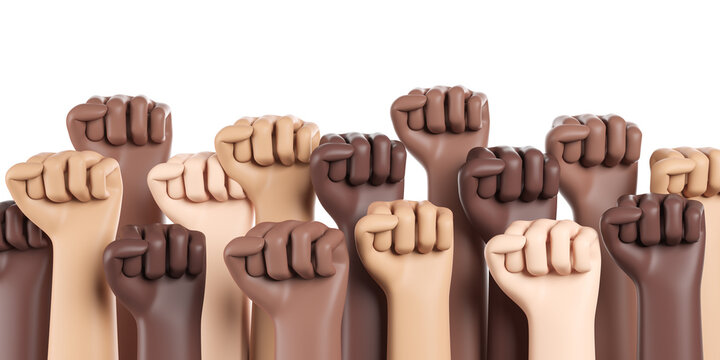 Group of multinational hands fist raised up isolated over white background. Revolution and protest concept.