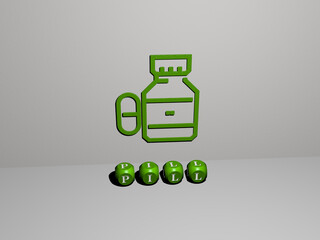 3D representation of pill with icon on the wall and text arranged by metallic cubic letters on a mirror floor for concept meaning and slideshow presentation. medicine and illustration