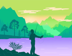 Man fishing at bank of river or lake. Silhouette of man with fishing rod, hobby, spending leisure time at nature at background of mountains, trees. Man holding catched fish. Vector illustration