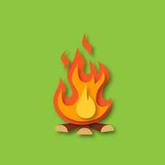 Burning orange, red, yellow bonfire with wood on green background. Campfire, fireplace, flames. Paper cut out art digital craft style. Vector illustration