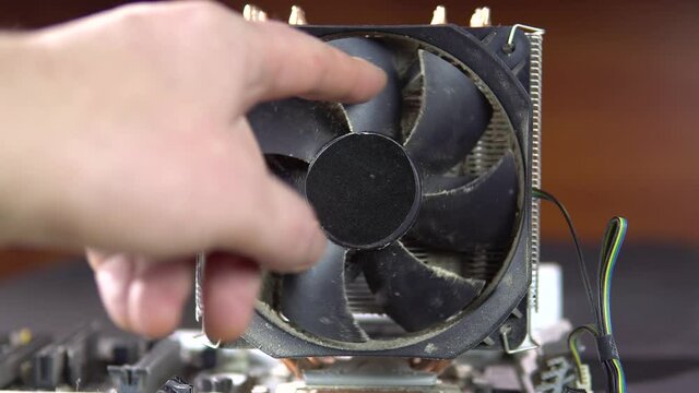 Demonstration of dust pollution. Dirty cooler and CPU heatsink from dust. 4k.