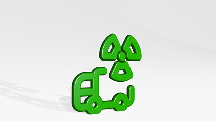 nuclear energy truck stand with shadow. 3D illustration of metallic sculpture over a white background with mild texture. power and plant