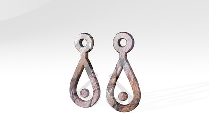 accessories earrings oriental casting shadow from a perspective. A thick sculpture made of metallic materials of 3D rendering. background and illustration