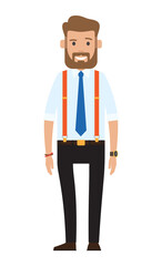 Cartoon illustration of a handsome young bearded businessman. Man in official cloth, flat design. Male character in a shirt, tie, trousers and suspenders with a clock on his hand isolated on white