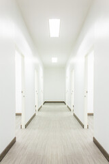 Light White Hall Room With Doors and Wood Floor