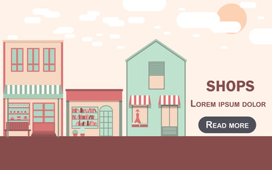 Naklejka premium Pink cute shops illustration. Lovely website template. Bakery, department store, book shop vector elements. 