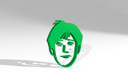 man face on the wall. 3D illustration of metallic sculpture over a white background with mild texture. beautiful and woman