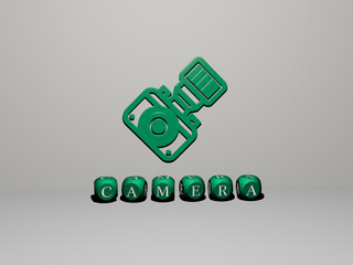 3D illustration of camera graphics and text made by metallic dice letters for the related meanings of the concept and presentations. background and beautiful