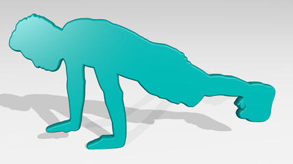 athletic man workout made by 3D illustration of a shiny metallic sculpture with the shadow on light background. athlete and active