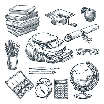 School supplies and education design elements, isolated on white background. Hand drawn sketch vector illustration