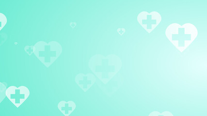 Medical health green blue cross on hearts pattern background. Abstract healthcare technology and science concept.