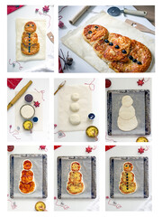Christmas food pizza snowman step by step instructions. How to make pizza in the shape of a snowman for the new year, recipe. Collage of 8 photos