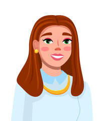 Portrait of young woman with dark long hair wearing blue blouse. Cute smiling girl isolated on white background flat style. Pretty positive female character, student or businesswoman, beauty blogger