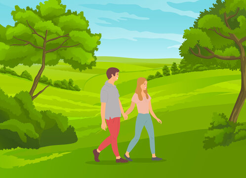 Happy couple guy and girl walking at nature. In love young people spend leisure time together outdoors. Young man and woman holding hands and walk at green meadow. Cartoon vector illustration