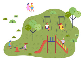 Children spending time at playground, kindergarten. Kids have fun, recreation outdoors at summer. Girl and boy rest on swing. Two girls friends at up-and-down carousel. Boy play at slide. Free time