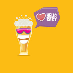 vector cartoon funky beer glass character with sunglasses isolated on orange background. funny beer label or poster design template. International beer day cartoon comic poster or greeting banner
