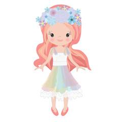 Vector Illustration Beautiful Cute Little Girl. Elegant adorable girl with long hair in a multi-colored dress. unicorn horn