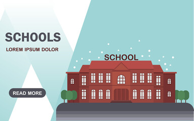 Naklejka premium School vector banner. Flat design. Blue gradient background. School buildings illustration.