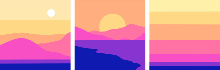 Minimalist landscape design,
flat scenery postcard, Scandinavian design, poster set
mountains lake sunset - 367798723