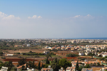 Fototapeta na wymiar View of the part of Protaras with cultivated land from the observation deck. Cyprus.
