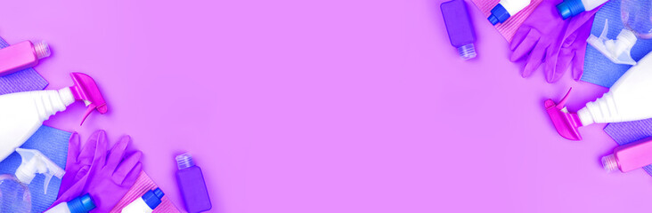 Banner made from cleaning products are on purple background.