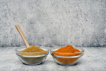 Spices and spices in glass saucers. Cooking and kitchen.