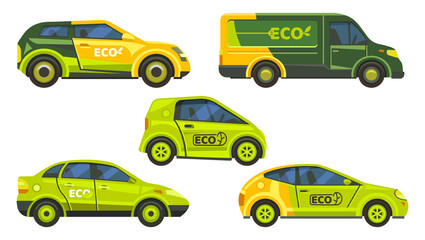 Eco friendly cars or electric vehicles icons