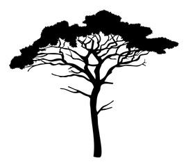 Cartoon illustration of black tree isolated at white background. Tree with crown. Nature concept. Vector emblem. Landscape interface, icon tree of wood. Flat style of organic plant
