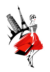 stylish woman with shopping bags and european landmarks in the background - international fashion commerce vector design