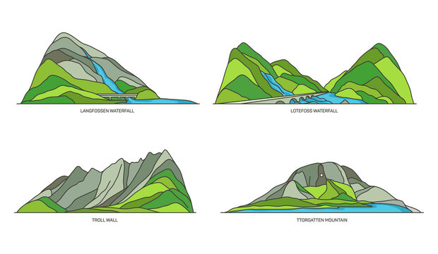 Norway natural landmarks, travel icons, vector set