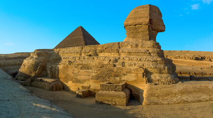 A panorama view of the Great Sphinx at Giza, Egypt silhouetted in the evening sunshine in summer