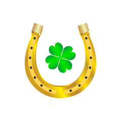 Gold horseshoe and clover on a white background. Vector.