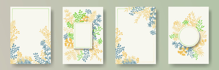 Simple herb twigs, tree branches, leaves floral invitation cards templates. Herbal corners modern cards design with dandelion flowers, fern, mistletoe, olive tree leaves, savory twigs.