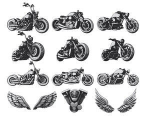Isolated set of custom motorcycles, wings and engine. Illustrations for apparel designs, logotypes and labels. - obrazy, fototapety, plakaty