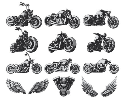 Isolated set of custom motorcycles, wings and engine. Illustrations for apparel designs, logotypes and labels.