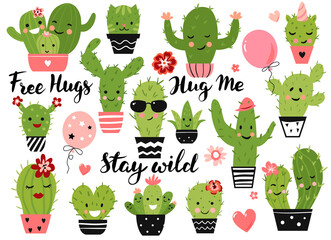 Cute cactus plant with funny kawaii faces in pots. Vector illustration set.