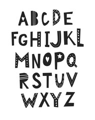 ABC - Latin alphabet. Kids wall poster,  hand drawn letters in scandinavian style, black and white illustration.