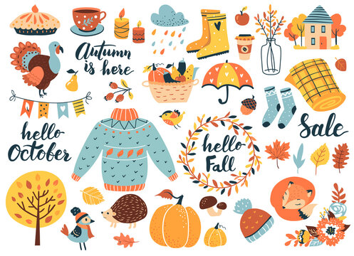 Autumn icons set: falling leaves, pumpkins, sweater, cute fox, floral wreath, candles and other. Fall season elements perfect for scrapbook, card, poster, invitation, sticker kit. Vector illustration
