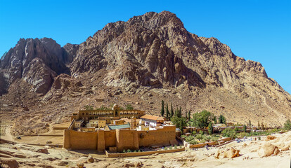 A panorama view of  Mount Sinai, Egypt and Saint Catherine's Monastery at the base of the mountain...