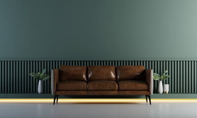 The interior mock up design of modern cozy living room and green wall texture background/3d rendering