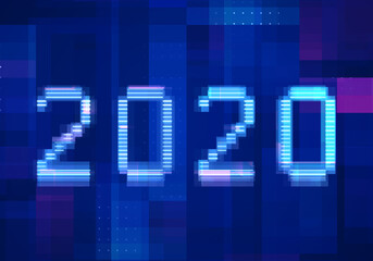 2020 vision new year with technology blue background. Abstract digital machine learning with digital future design concept.