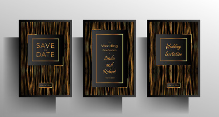 Wedding invitation template set. Elegant design with gold striped texture on a black background. EPS vector 10.
