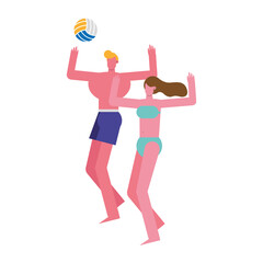 Fototapeta na wymiar young couple wearing swimsuits playing volleyball characters