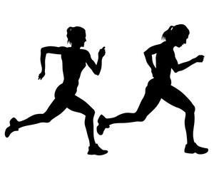 Fototapeta na wymiar Young athletes run a marathon. Isolated silhouettes on white background