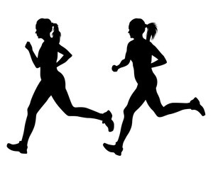 Young athletes run a marathon. Isolated silhouettes on white background